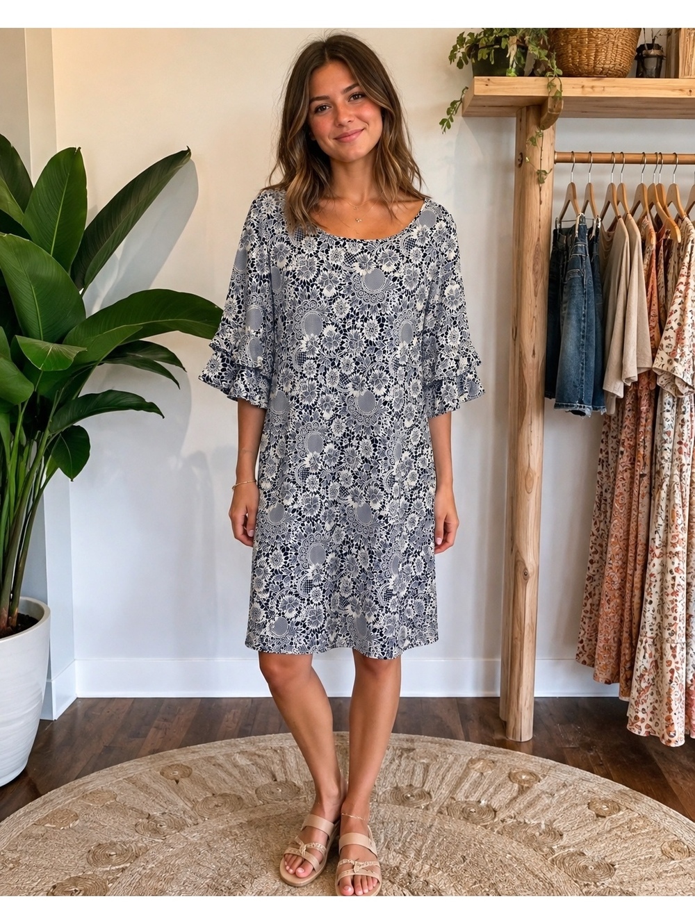 Harper 241 Blue & White Floral Ruffle Sleeve Dress Size L